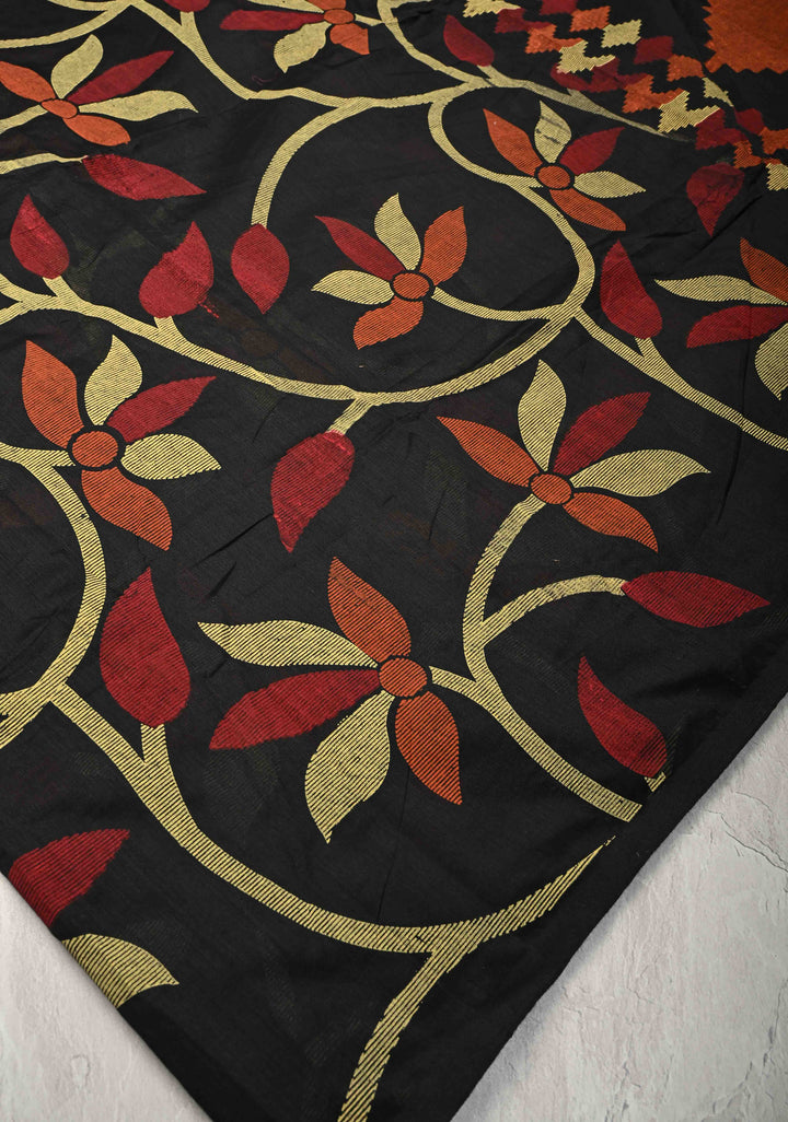 Black Uppada Handloom Cotton Saree with Jamdani Screen Print