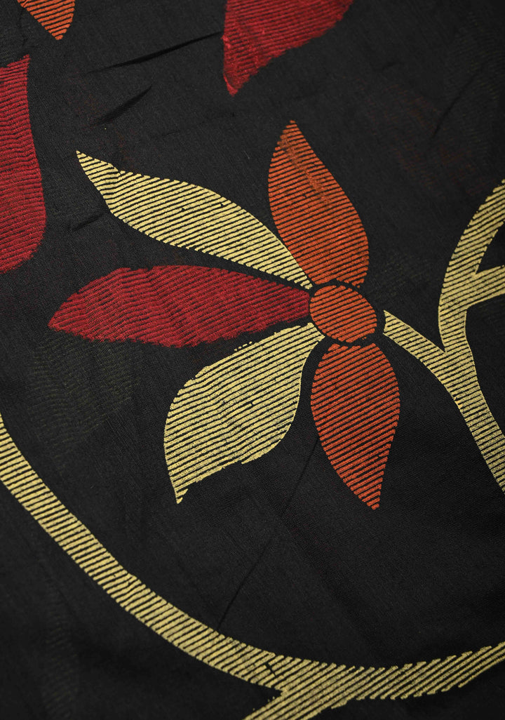 Black Uppada Handloom Cotton Saree with Jamdani Screen Print