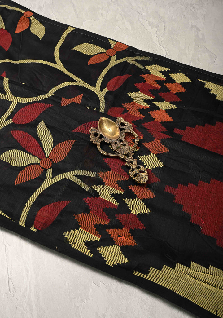 Black Uppada Handloom Cotton Saree with Jamdani Screen Print