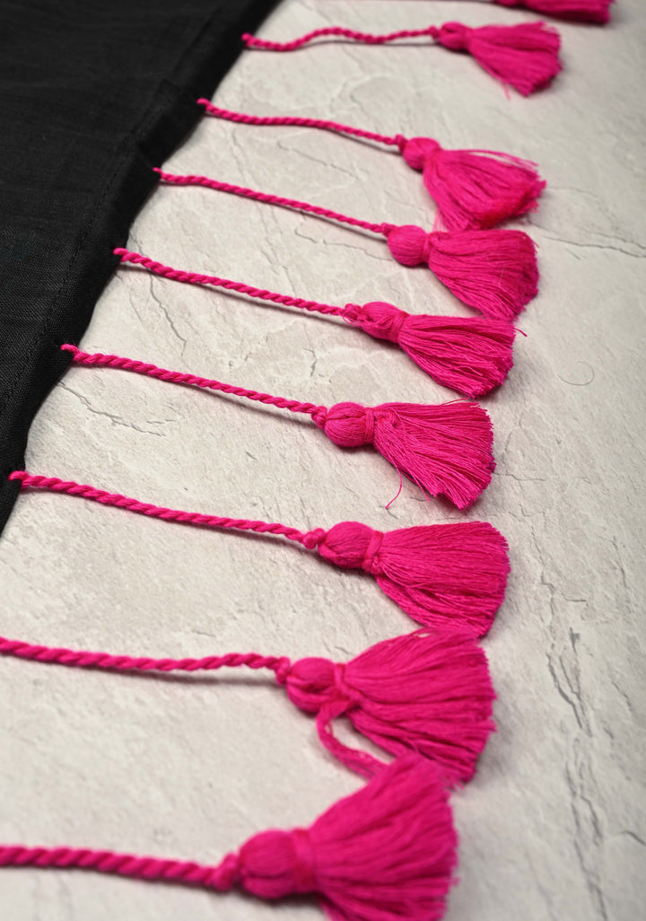 Black Uppada Handloom Cotton Saree with Tree of life Buttas on Minimal Border-Pallu and Long Tassels