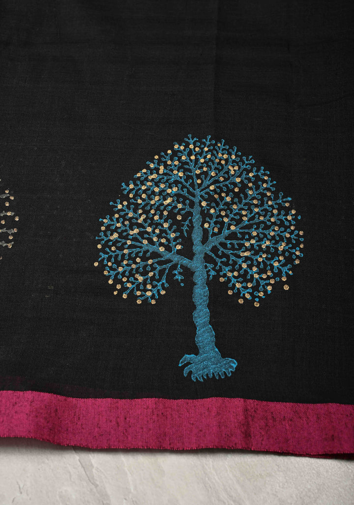 Black Uppada Handloom Cotton Saree with Tree of life Buttas on Minimal Border-Pallu and Long Tassels