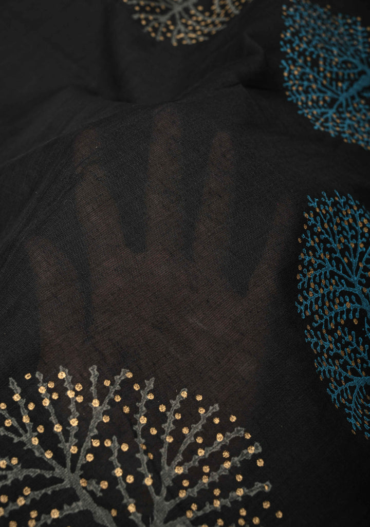 Black Uppada Handloom Cotton Saree with Tree of life Buttas on Minimal Border-Pallu and Long Tassels