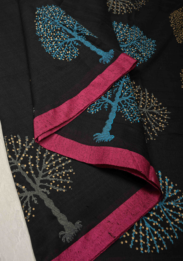 Black Uppada Handloom Cotton Saree with Tree of life Buttas on Minimal Border-Pallu and Long Tassels