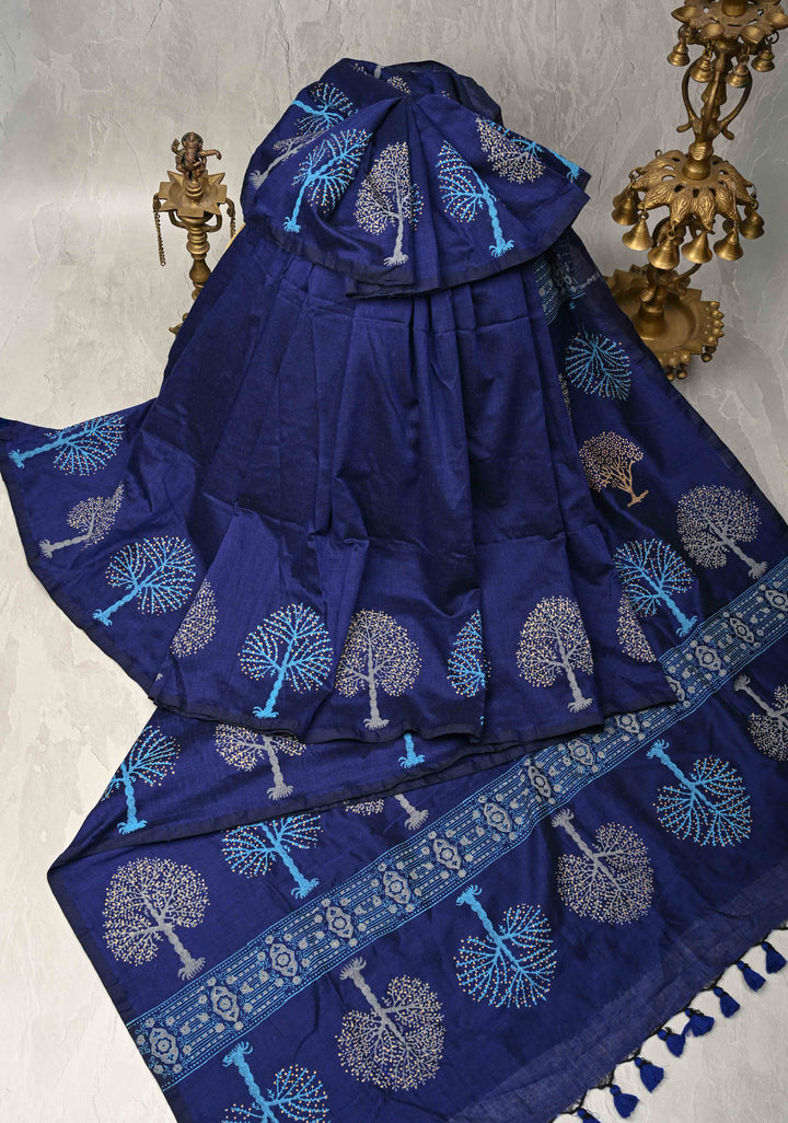 Navy Blue Uppada Handloom Cotton Saree with Tree of life Buttas on Border and Pallu