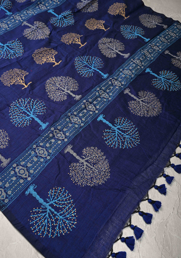 Navy Blue Uppada Handloom Cotton Saree with Tree of life Buttas on Border and Pallu