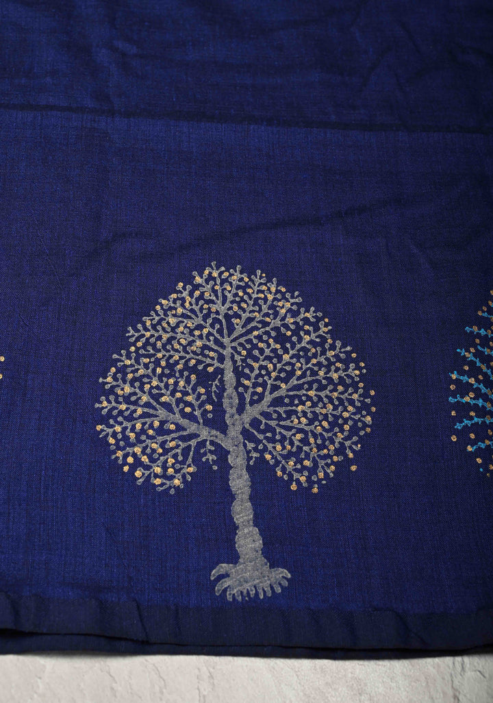 Navy Blue Uppada Handloom Cotton Saree with Tree of life Buttas on Border and Pallu