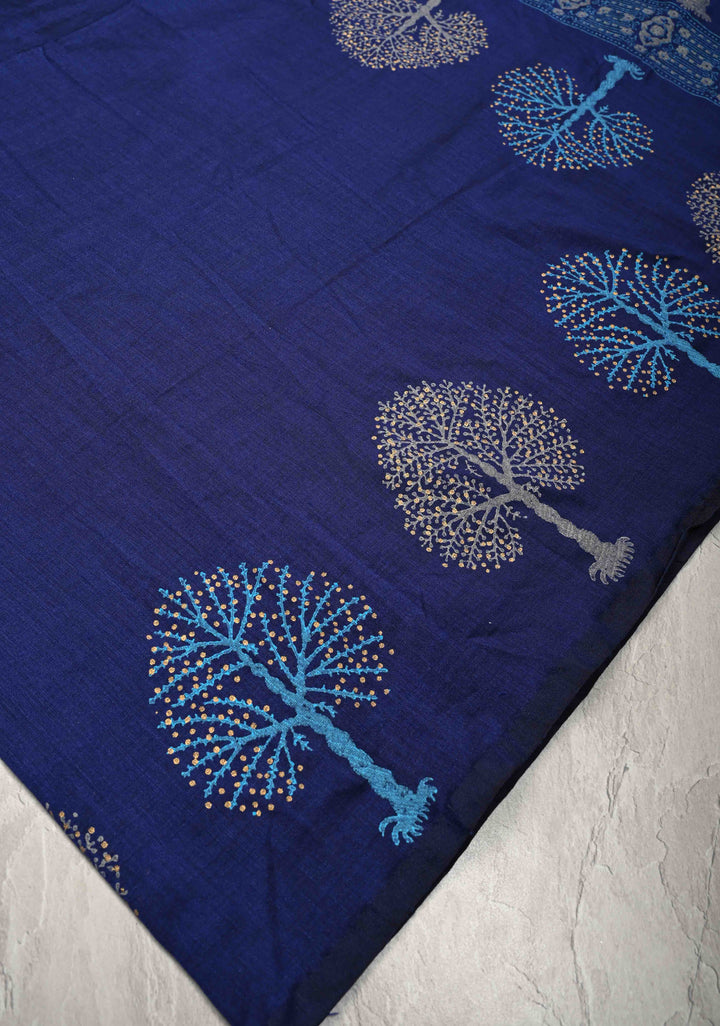 Navy Blue Uppada Handloom Cotton Saree with Tree of life Buttas on Border and Pallu