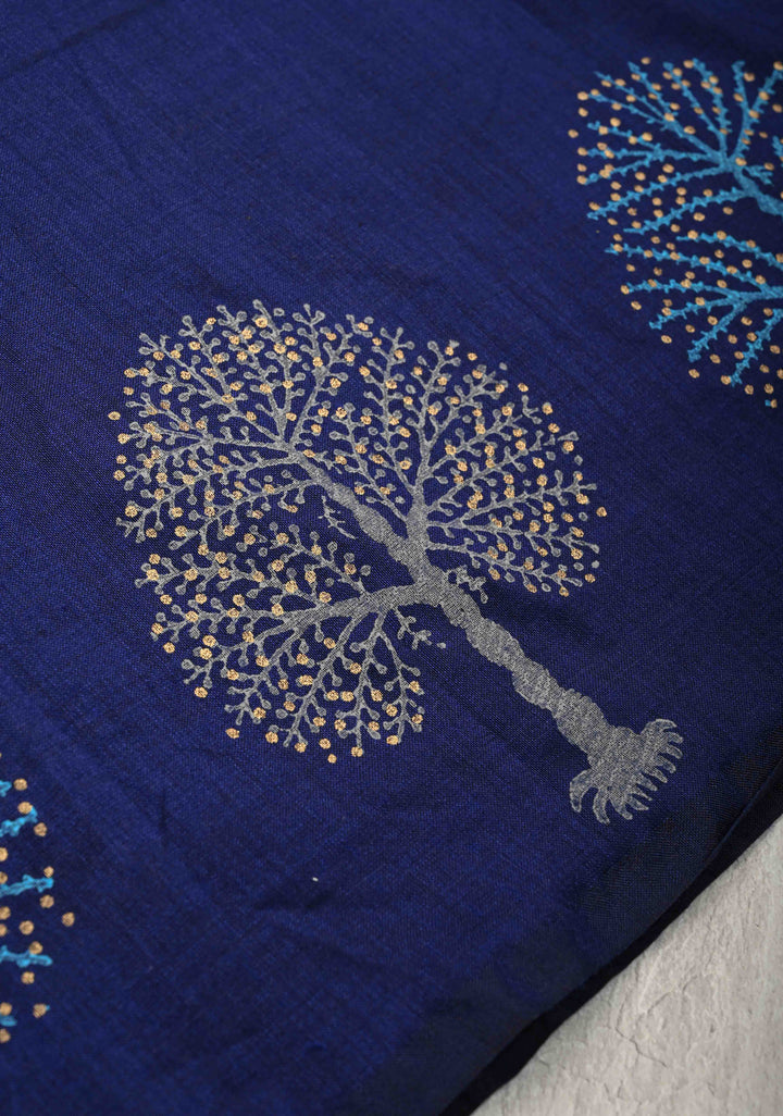 Navy Blue Uppada Handloom Cotton Saree with Tree of life Buttas on Border and Pallu