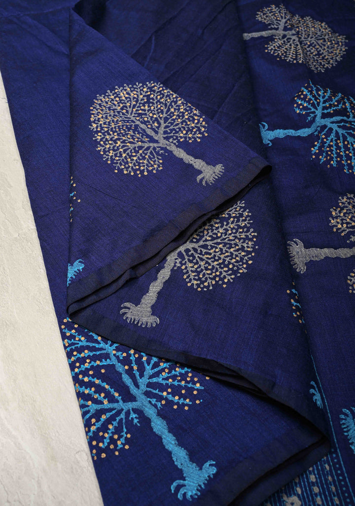 Navy Blue Uppada Handloom Cotton Saree with Tree of life Buttas on Border and Pallu