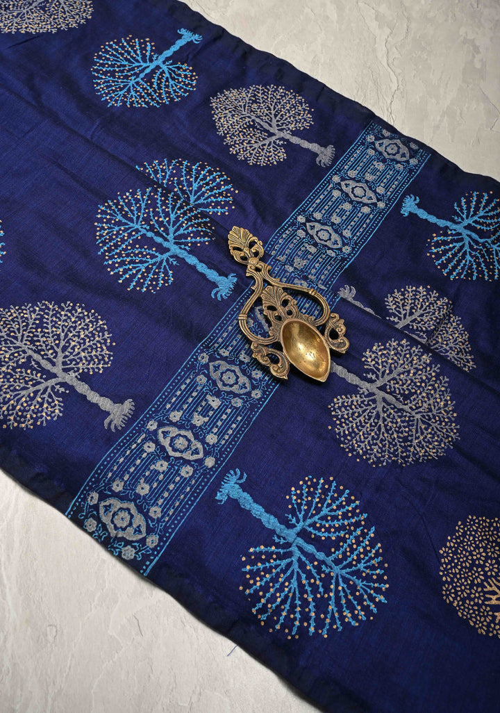 Navy Blue Uppada Handloom Cotton Saree with Tree of life Buttas on Border and Pallu