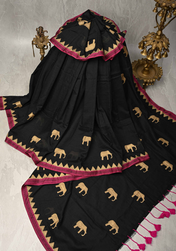 Black Uppada  Cotton Saree with Elephant Block Print Buttas and Contrast Minimal Temple Border, Long Tassels