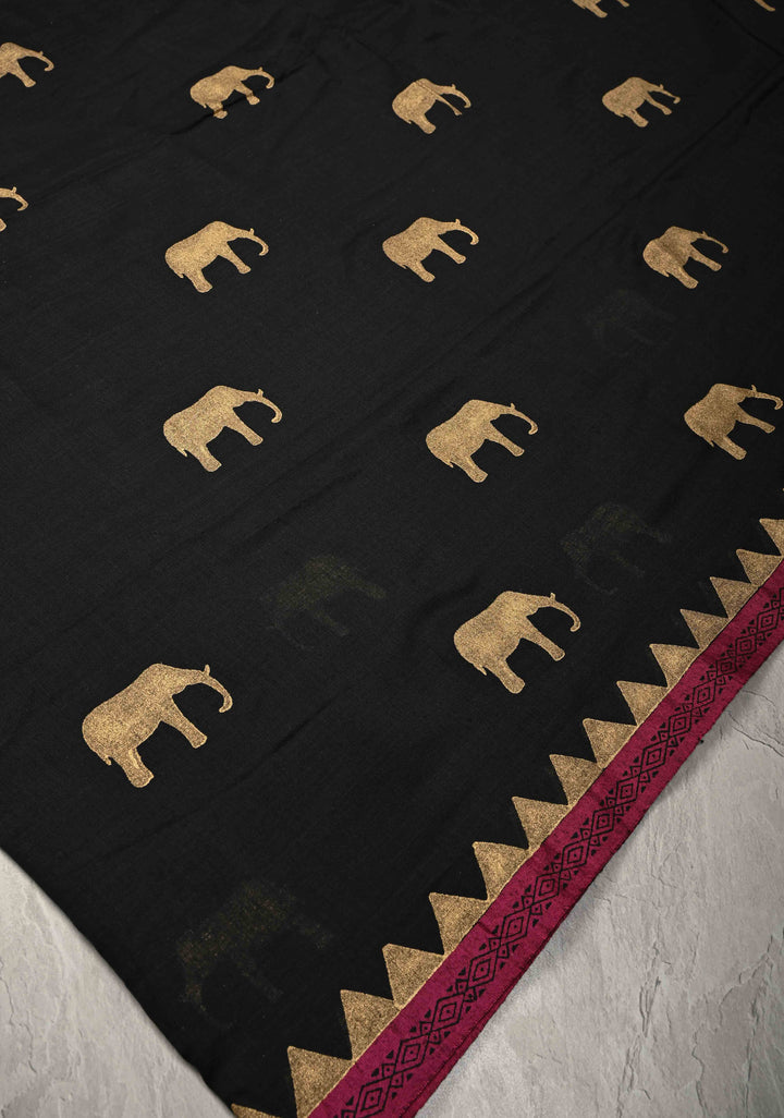 Black Uppada  Cotton Saree with Elephant Block Print Buttas and Contrast Minimal Temple Border, Long Tassels