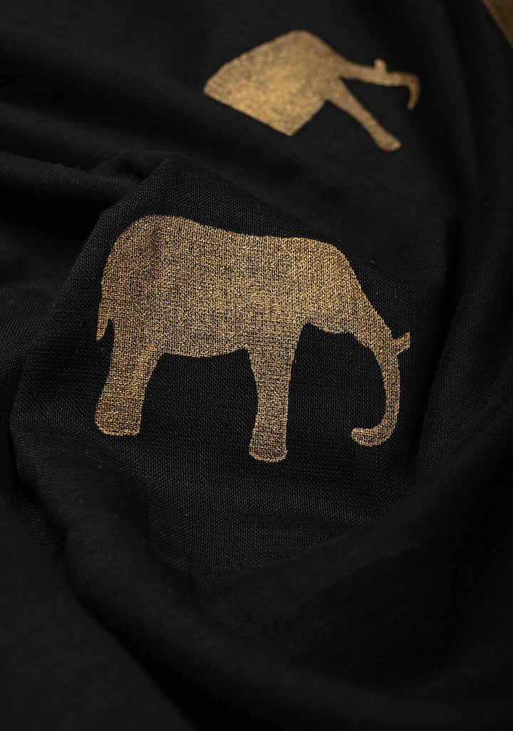 Black Uppada  Cotton Saree with Elephant Block Print Buttas and Contrast Minimal Temple Border, Long Tassels