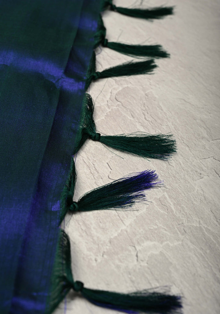 Peacock Blue and Green Dual Tone Uppada Pure Silk Saree with Dual tone Buttas and Zari Border-Meenakari Pallu | SILK MARK CERTIFIED