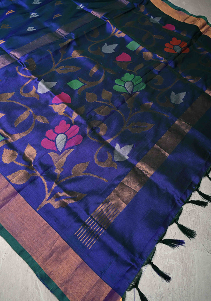 Peacock Blue and Green Dual Tone Uppada Pure Silk Saree with Dual tone Buttas and Zari Border-Meenakari Pallu | SILK MARK CERTIFIED