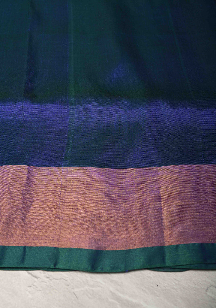 Peacock Blue and Green Dual Tone Uppada Pure Silk Saree with Dual tone Buttas and Zari Border-Meenakari Pallu | SILK MARK CERTIFIED