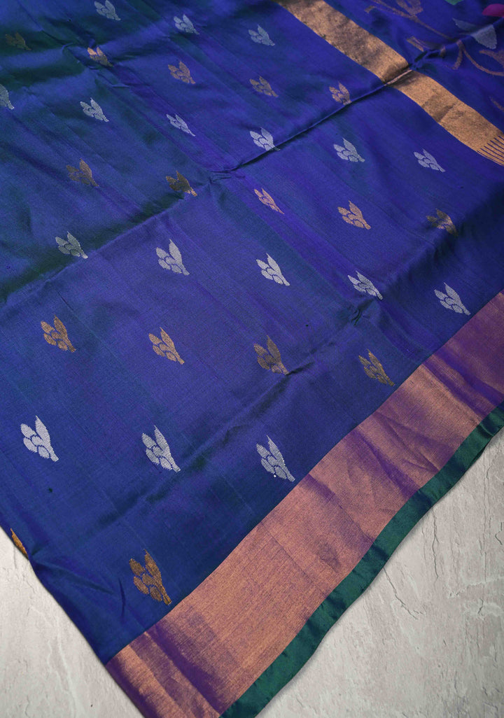 Peacock Blue and Green Dual Tone Uppada Pure Silk Saree with Dual tone Buttas and Zari Border-Meenakari Pallu | SILK MARK CERTIFIED