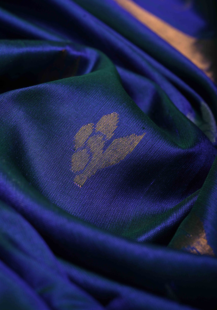 Peacock Blue and Green Dual Tone Uppada Pure Silk Saree with Dual tone Buttas and Zari Border-Meenakari Pallu | SILK MARK CERTIFIED