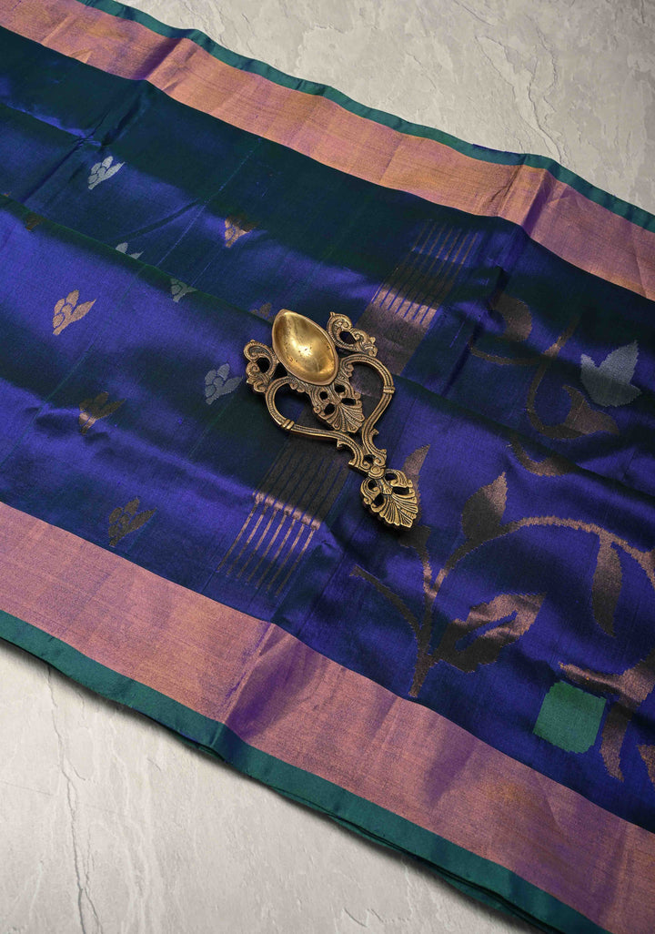 Peacock Blue and Green Dual Tone Uppada Pure Silk Saree with Dual tone Buttas and Zari Border-Meenakari Pallu | SILK MARK CERTIFIED