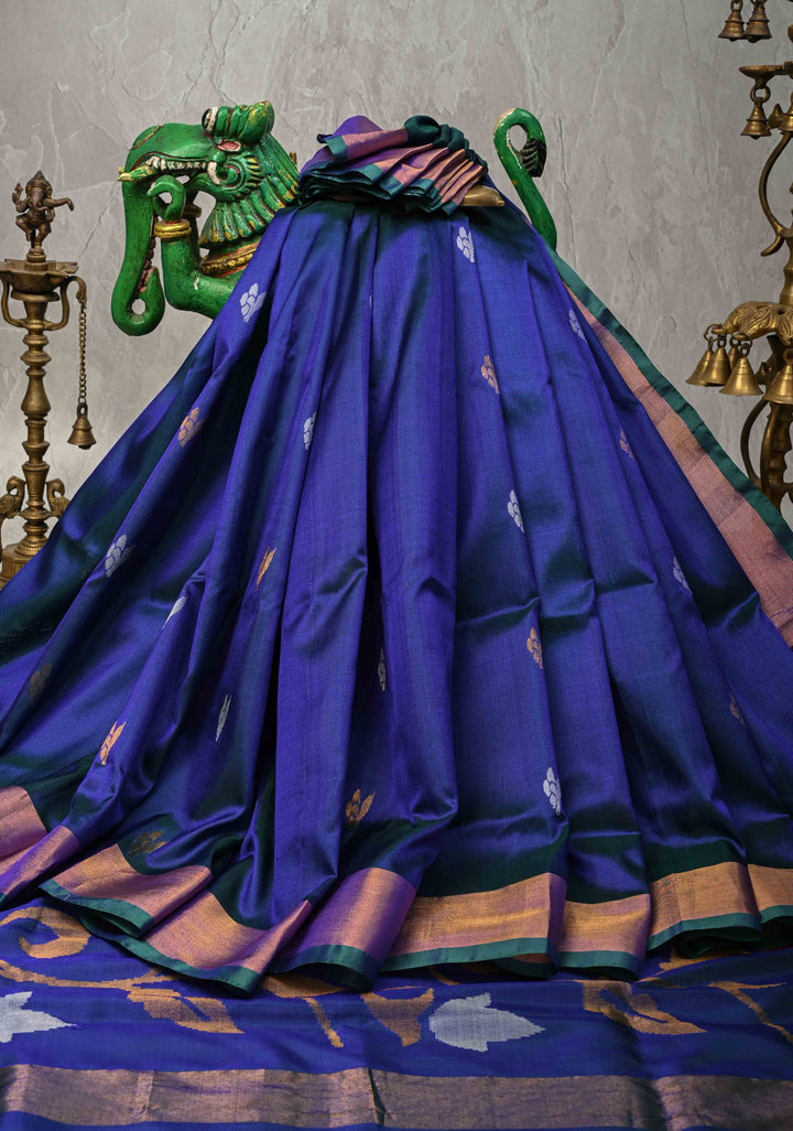Peacock Blue and Green Dual Tone Uppada Pure Silk Saree with Dual tone Buttas and Zari Border-Meenakari Pallu | SILK MARK CERTIFIED