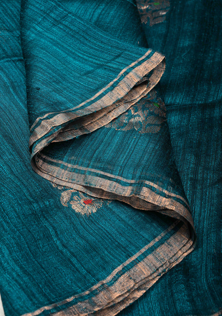 Peacock Blue Geecha Tussar Silk Saree with  Jamdani Meenakari Weaving and Minimal Zari Border | SILK MARK CERTIFIED