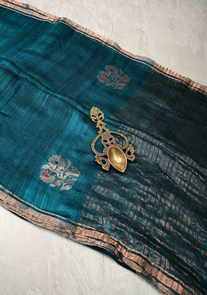 Peacock Blue Geecha Tussar Silk Saree with  Jamdani Meenakari Weaving and Minimal Zari Border | SILK MARK CERTIFIED