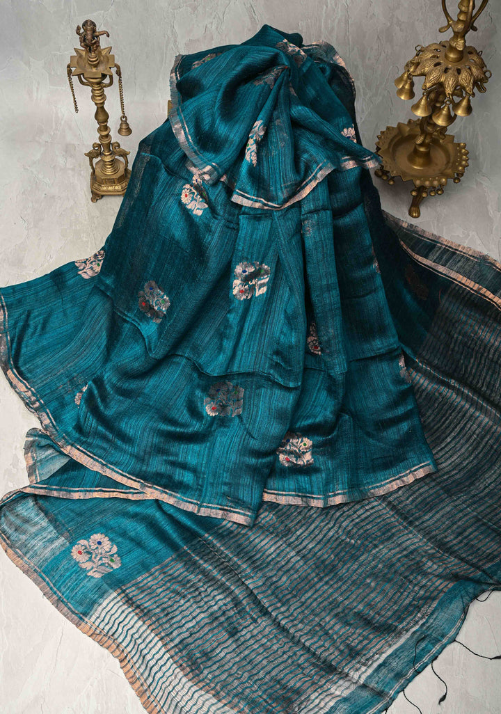 Peacock Blue Geecha Tussar Silk Saree with  Jamdani Meenakari Weaving and Minimal Zari Border | SILK MARK CERTIFIED