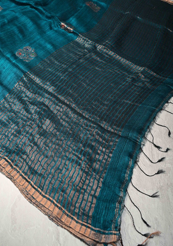 Peacock Blue Geecha Tussar Silk Saree with  Jamdani Meenakari Weaving and Minimal Zari Border | SILK MARK CERTIFIED