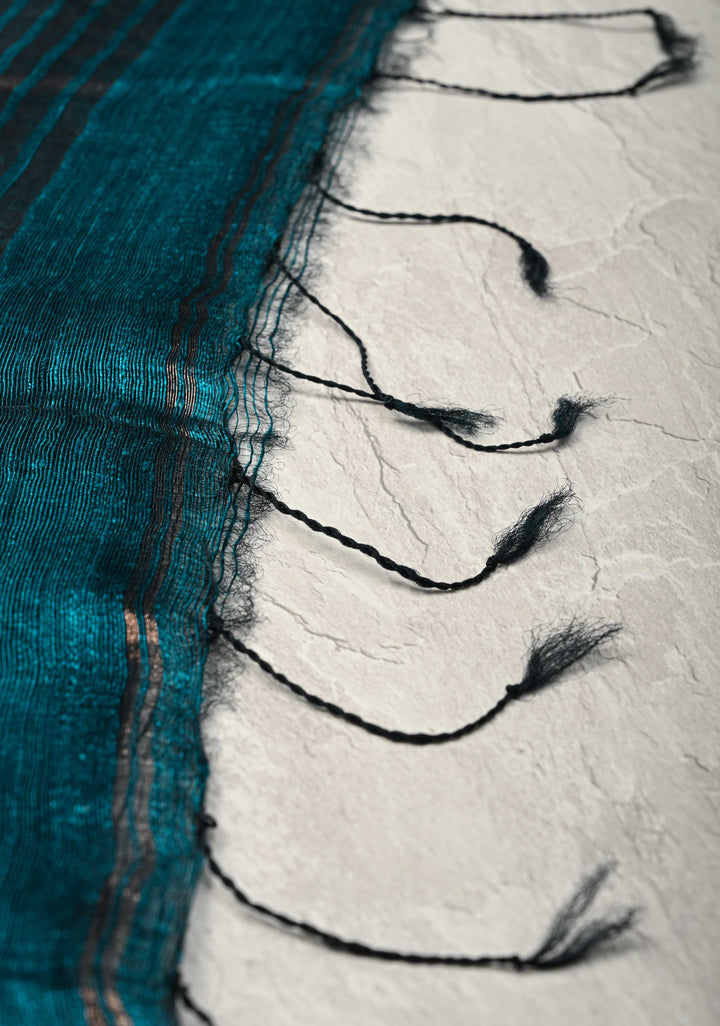 Peacock Blue Geecha Tussar Silk Saree with  Jamdani Meenakari Weaving and Minimal Zari Border | SILK MARK CERTIFIED