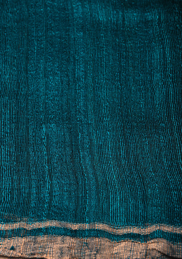 Peacock Blue Geecha Tussar Silk Saree with  Jamdani Meenakari Weaving and Minimal Zari Border | SILK MARK CERTIFIED