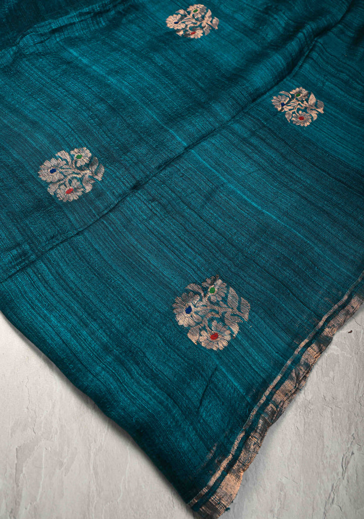 Peacock Blue Geecha Tussar Silk Saree with  Jamdani Meenakari Weaving and Minimal Zari Border | SILK MARK CERTIFIED