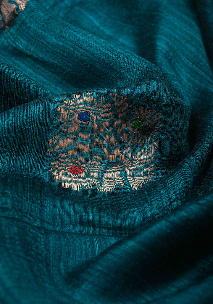 Peacock Blue Geecha Tussar Silk Saree with  Jamdani Meenakari Weaving and Minimal Zari Border | SILK MARK CERTIFIED