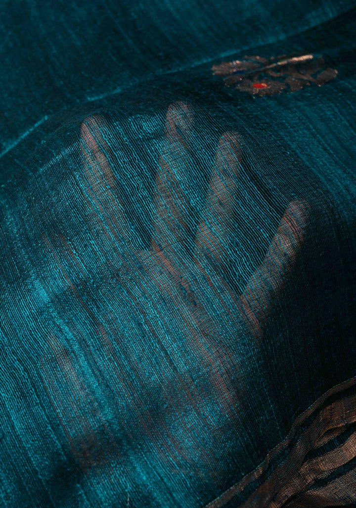 Peacock Blue Geecha Tussar Silk Saree with  Jamdani Meenakari Weaving and Minimal Zari Border | SILK MARK CERTIFIED