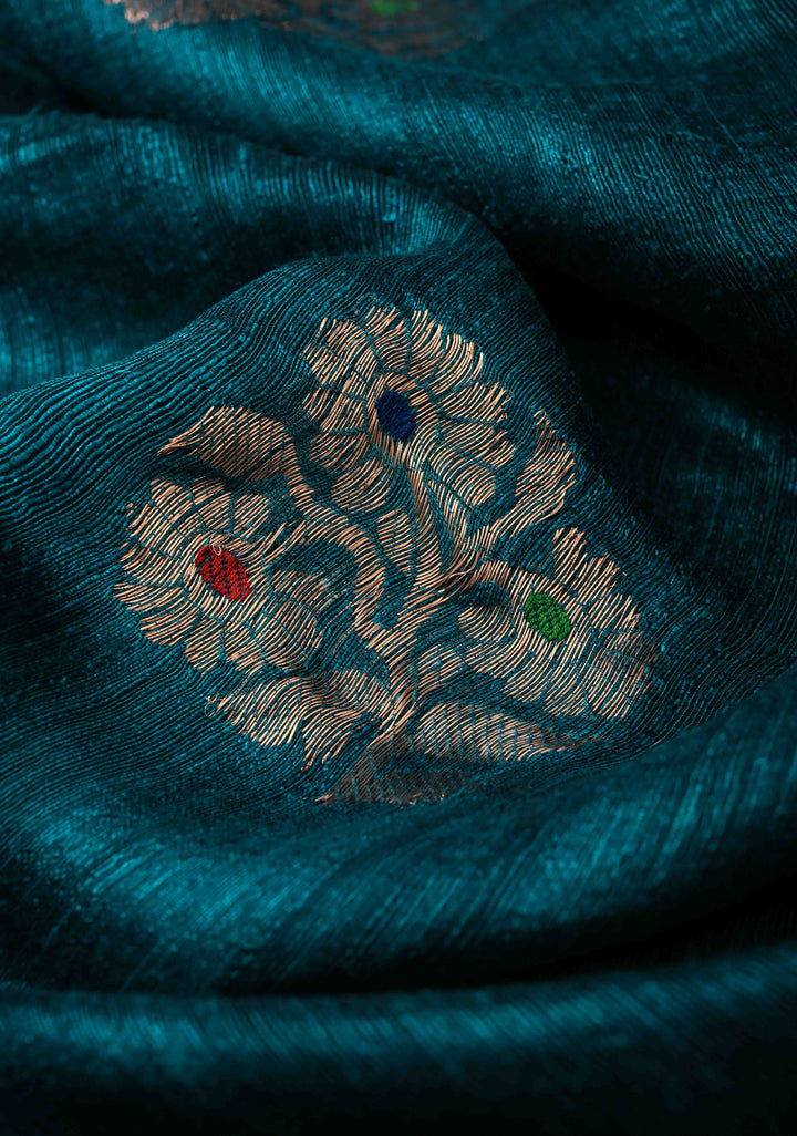 Peacock Blue Geecha Tussar Silk Saree with  Jamdani Meenakari Weaving and Minimal Zari Border | SILK MARK CERTIFIED