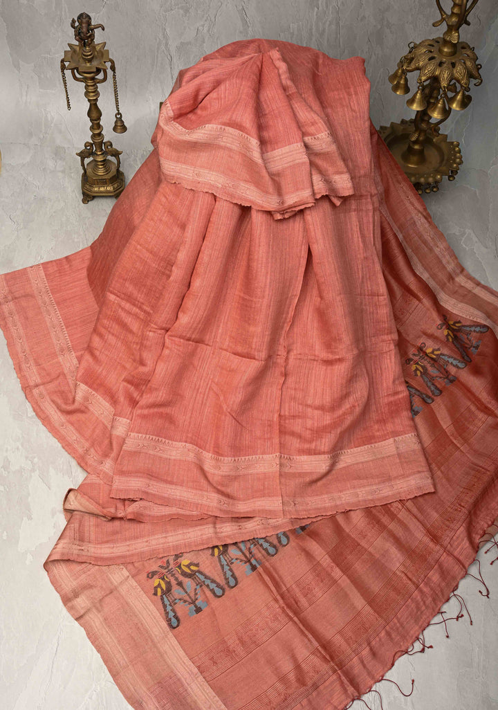 Dusky Peach Geecha Silk Saree with Resham interweaved and Stack Border | SILK MARK CERTIFIED