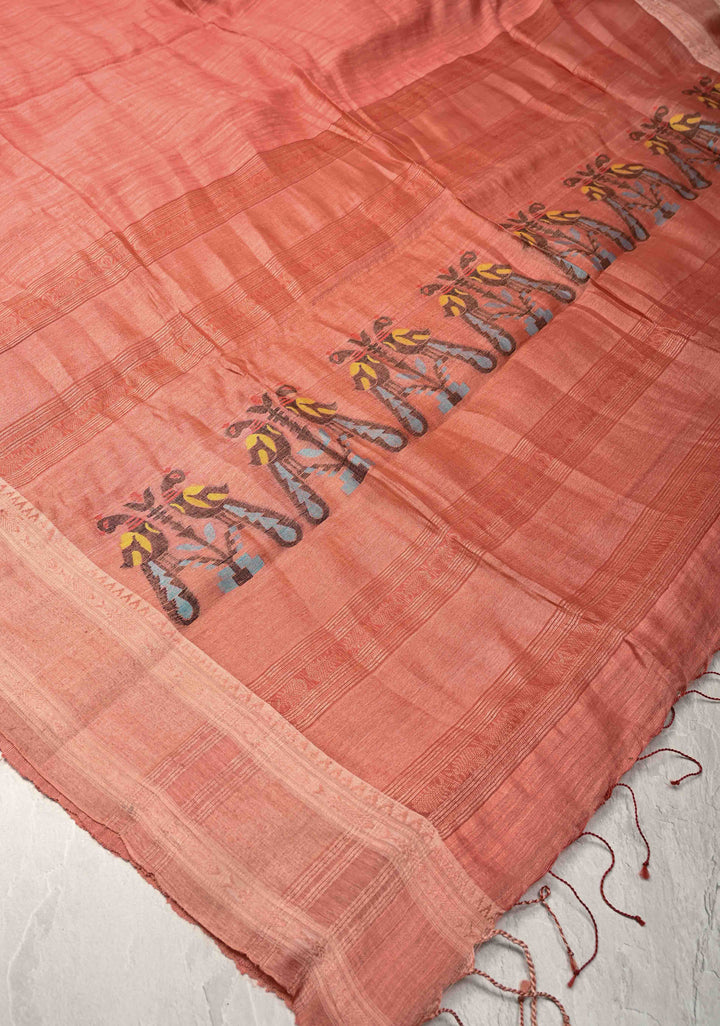 Dusky Peach Geecha Silk Saree with Resham interweaved and Stack Border | SILK MARK CERTIFIED