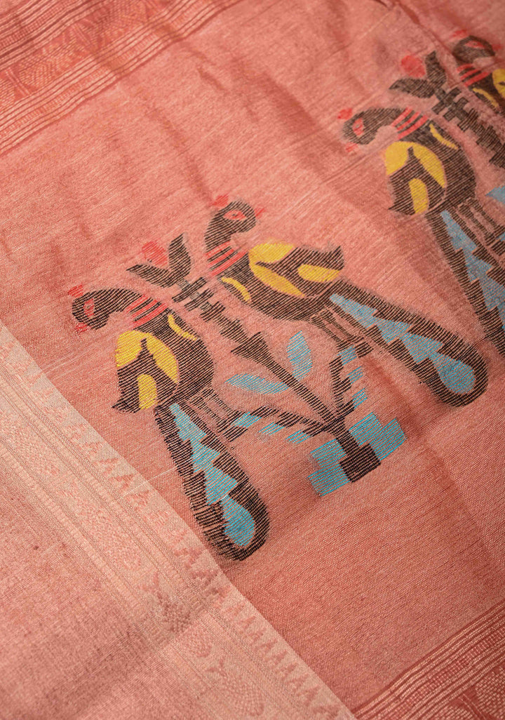 Dusky Peach Geecha Silk Saree with Resham interweaved and Stack Border | SILK MARK CERTIFIED