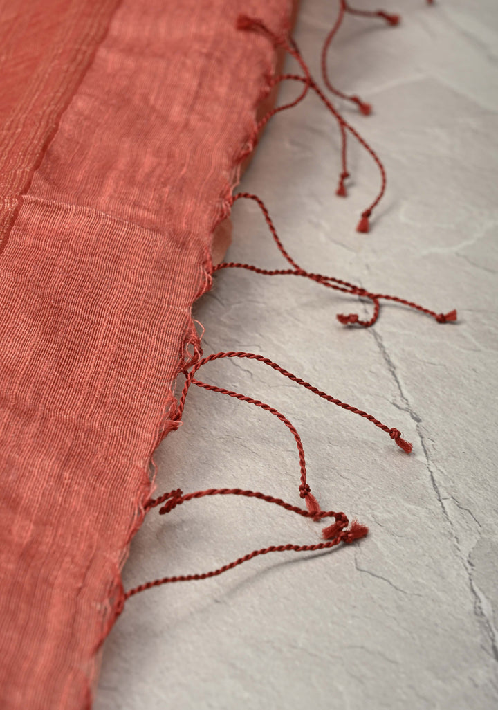 Dusky Peach Geecha Silk Saree with Resham interweaved and Stack Border | SILK MARK CERTIFIED