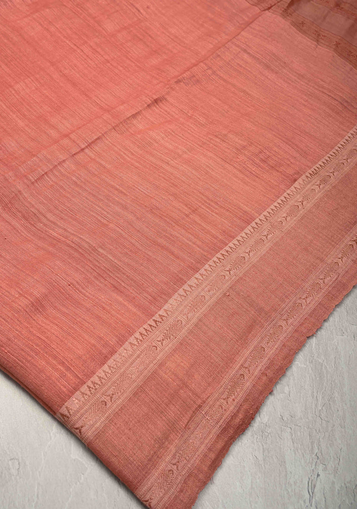 Dusky Peach Geecha Silk Saree with Resham interweaved and Stack Border | SILK MARK CERTIFIED