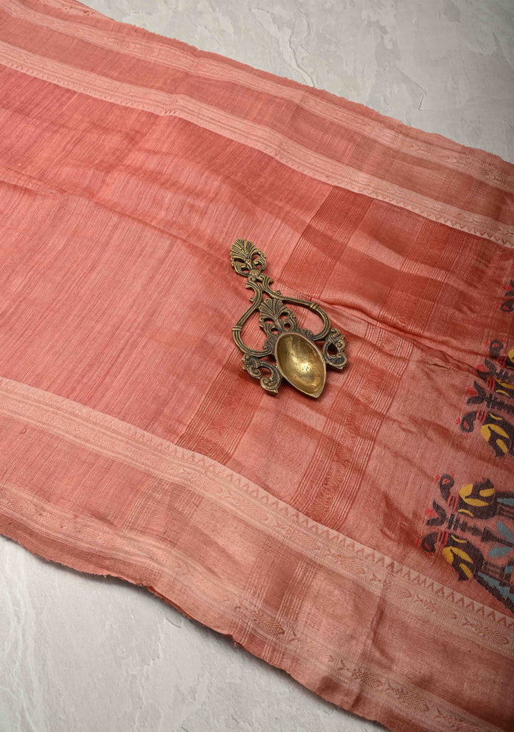 Dusky Peach Geecha Silk Saree with Resham interweaved and Stack Border | SILK MARK CERTIFIED