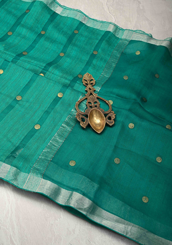 Sea Green Matka Muslin Saree with Coin Interwevae | SILK MARK CERTIFIED