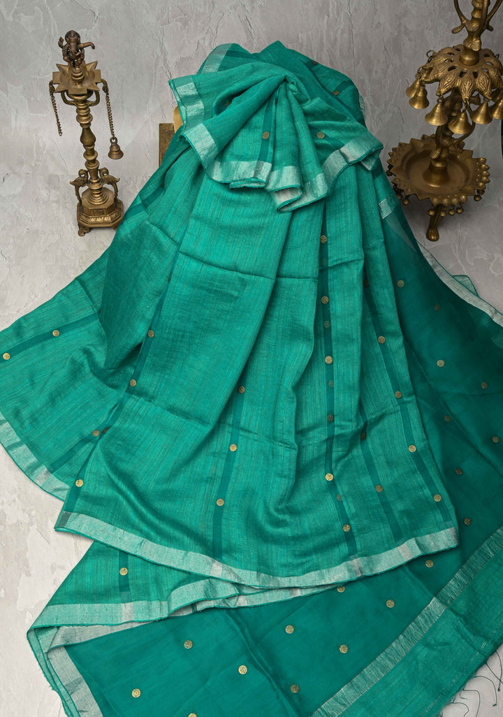Sea Green Matka Muslin Saree with Coin Interwevae | SILK MARK CERTIFIED