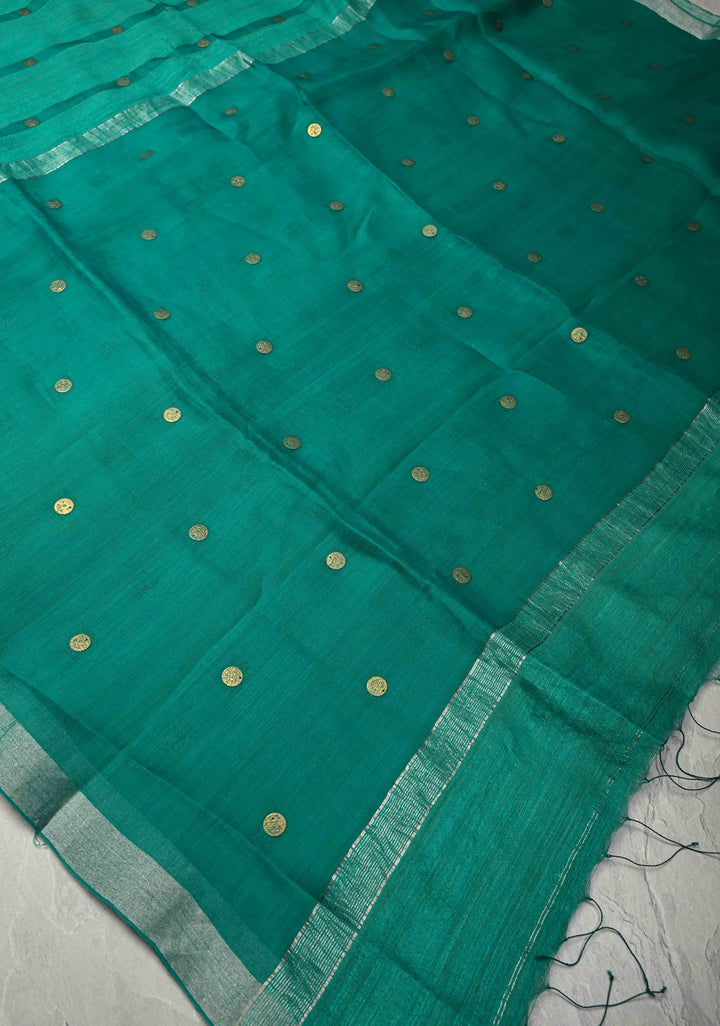 Sea Green Matka Muslin Saree with Coin Interwevae | SILK MARK CERTIFIED