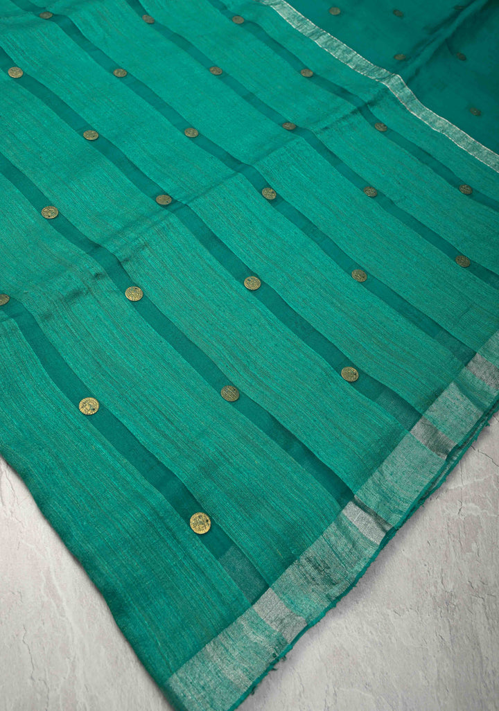 Sea Green Matka Muslin Saree with Coin Interwevae | SILK MARK CERTIFIED