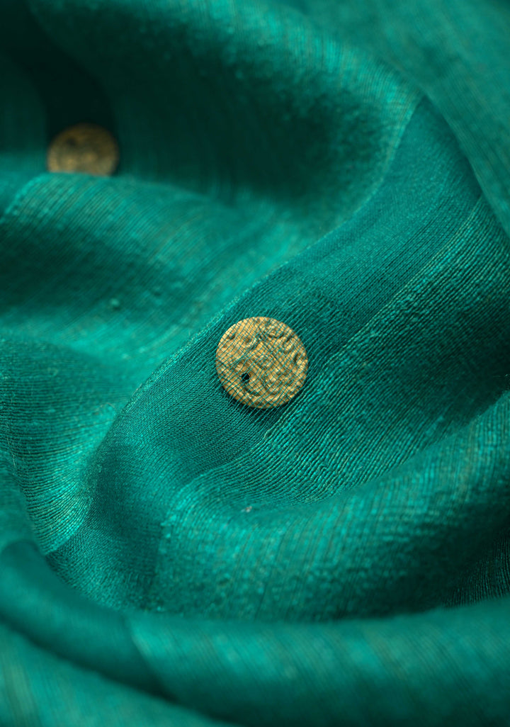 Sea Green Matka Muslin Saree with Coin Interwevae | SILK MARK CERTIFIED