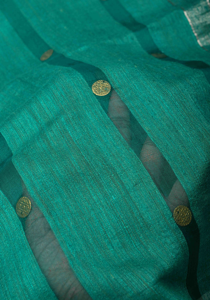 Sea Green Matka Muslin Saree with Coin Interwevae | SILK MARK CERTIFIED