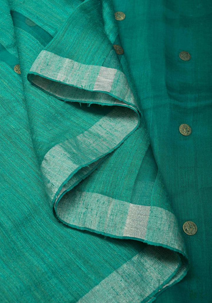 Sea Green Matka Muslin Saree with Coin Interwevae | SILK MARK CERTIFIED
