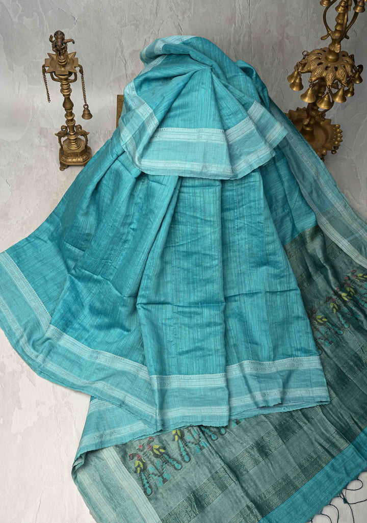 Turquoise Geecha Tussar Silk Saree with Jamdani Style Parrot Pallu and Stack Border | SILK MARK CERTIFIED