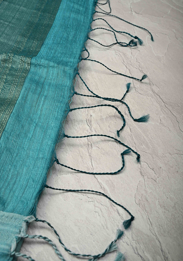 Turquoise Geecha Tussar Silk Saree with Jamdani Style Parrot Pallu and Stack Border | SILK MARK CERTIFIED