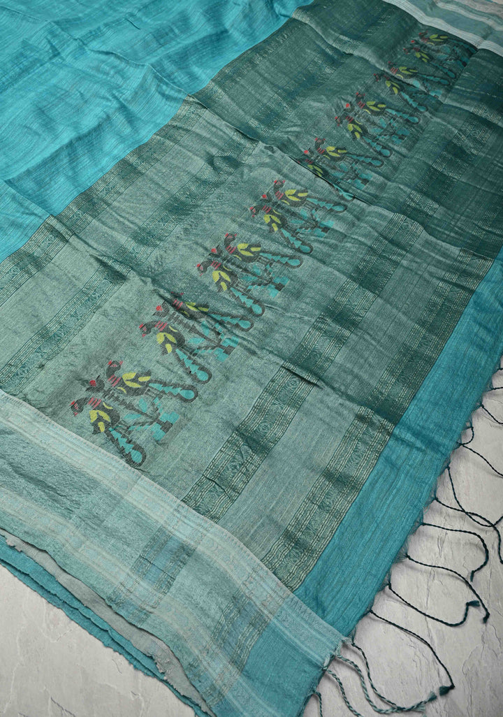 Turquoise Geecha Tussar Silk Saree with Jamdani Style Parrot Pallu and Stack Border | SILK MARK CERTIFIED